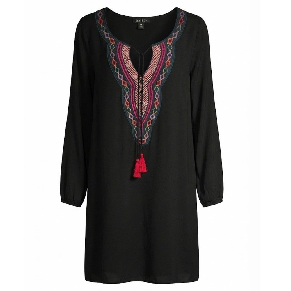 Sami & Jo Plus 2X Black Embroidered Boho Tunic Dress Long Sleeve Tassel - EA